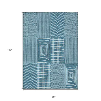 8' X 10' Teal Blue And Ivory Geometric Washable Indoor Outdoor Area Rug