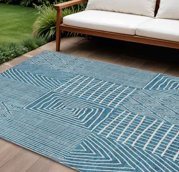 8' X 10' Teal Blue And Ivory Geometric Washable Indoor Outdoor Area Rug