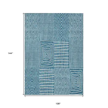 9' X 12' Teal Blue And Ivory Geometric Washable Indoor Outdoor Area Rug