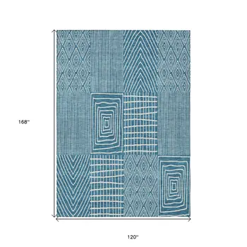 10' X 14' Teal Blue And Ivory Geometric Washable Indoor Outdoor Area Rug