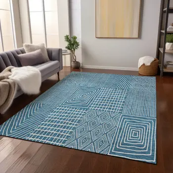 10' X 14' Teal Blue And Ivory Geometric Washable Indoor Outdoor Area Rug