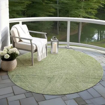 8' Artichoke Green And Ivory Round Abstract Washable Indoor Outdoor Area Rug
