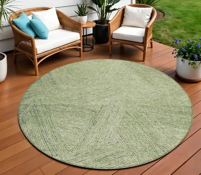 8' Artichoke Green And Ivory Round Abstract Washable Indoor Outdoor Area Rug
