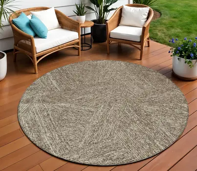 8' Chocolate And Beige Round Abstract Washable Indoor Outdoor Area Rug