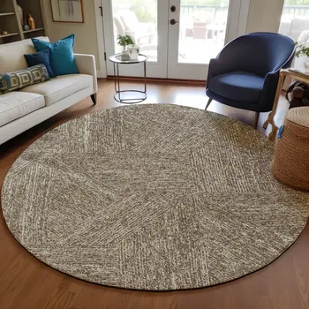8' Chocolate And Beige Round Abstract Washable Indoor Outdoor Area Rug