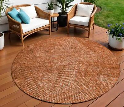 8' Copper Brown And Beige Round Abstract Washable Indoor Outdoor Area Rug