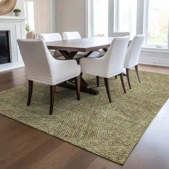 3' X 5' Green Beige And Brown Abstract Washable Indoor Outdoor Area Rug