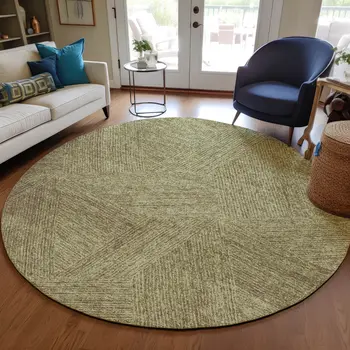 8' Green Beige And Brown Round Abstract Washable Indoor Outdoor Area Rug