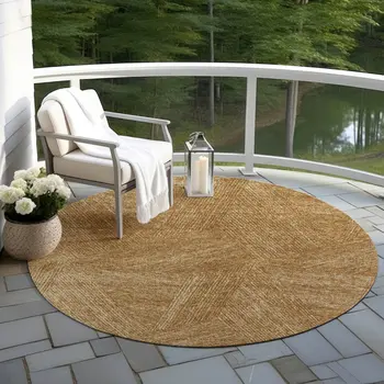 8' Gold Brown And Ivory Round Abstract Washable Indoor Outdoor Area Rug