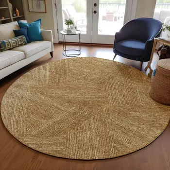 8' Gold Brown And Ivory Round Abstract Washable Indoor Outdoor Area Rug