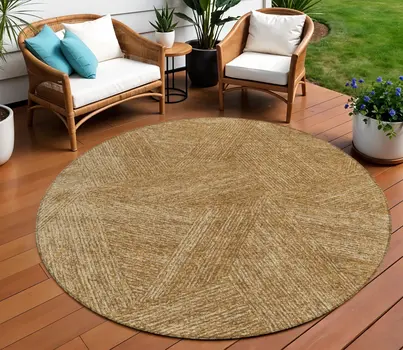 8' Gold Brown And Ivory Round Abstract Washable Indoor Outdoor Area Rug