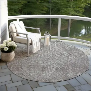 8' Gray Brown And Ivory Round Abstract Washable Indoor Outdoor Area Rug