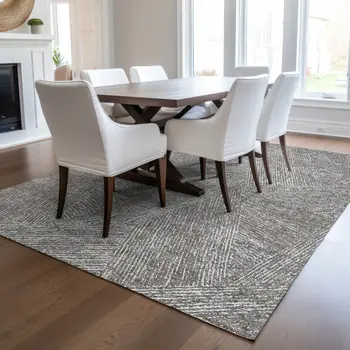 8' X 10' Gray Brown And Ivory Abstract Washable Indoor Outdoor Area Rug