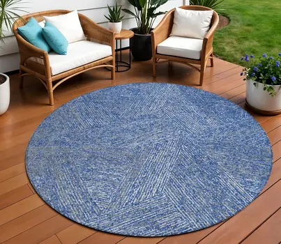 8' Navy Blue Gray And Ivory Round Abstract Washable Indoor Outdoor Area Rug