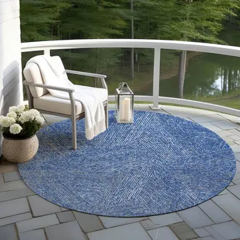 8' Navy Blue Gray And Ivory Round Abstract Washable Indoor Outdoor Area Rug