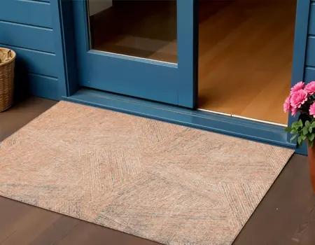 3' X 5' Peach Blue And Ivory Abstract Washable Indoor Outdoor Area Rug