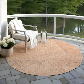 8' Peach Blue And Ivory Round Abstract Washable Indoor Outdoor Area Rug