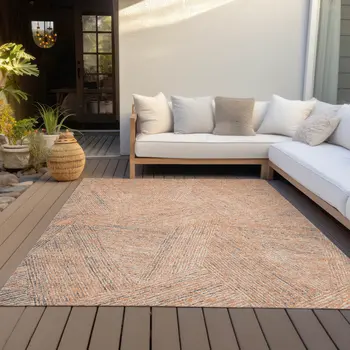 8' X 10' Peach Blue And Ivory Abstract Washable Indoor Outdoor Area Rug