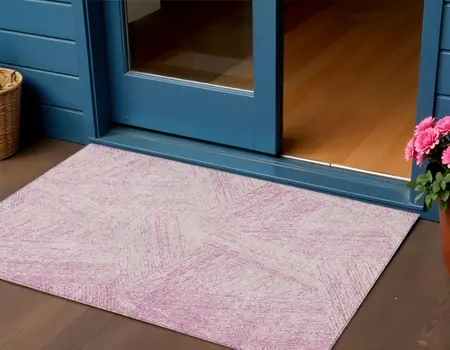 3' X 5' Pink And Ivory Abstract Washable Indoor Outdoor Area Rug