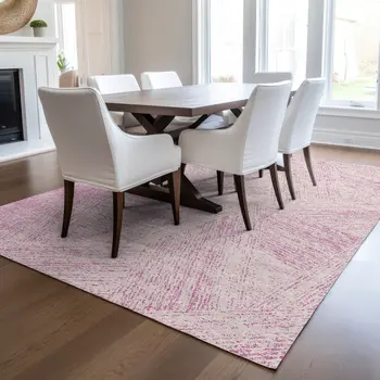 8' X 10' Pink And Ivory Abstract Washable Indoor Outdoor Area Rug