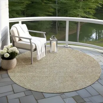 8' Ivory And Brown Round Abstract Washable Indoor Outdoor Area Rug
