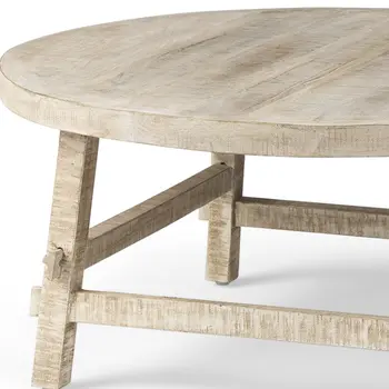 36" White and Natural Solid Wood Round Distressed Coffee Table