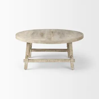 36" White and Natural Solid Wood Round Distressed Coffee Table