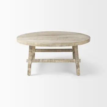 36" White and Natural Solid Wood Round Distressed Coffee Table