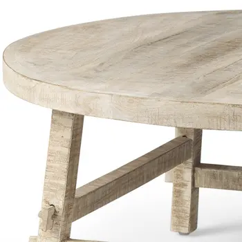 36" White and Natural Solid Wood Round Distressed Coffee Table