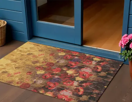 3' X 5' Gold Red And Brown Floral Washable Indoor Outdoor Area Rug