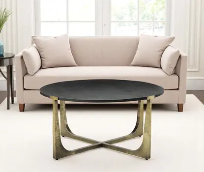 34" Antiqued Gold Solid Wood and Iron Round Distressed Coffee Table