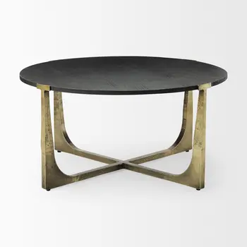 34" Antiqued Gold Solid Wood and Iron Round Distressed Coffee Table