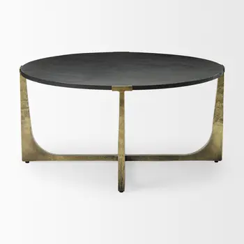 34" Antiqued Gold Solid Wood and Iron Round Distressed Coffee Table