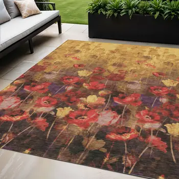5' X 8' Gold Red And Brown Floral Washable Indoor Outdoor Area Rug