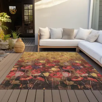 5' X 8' Gold Red And Brown Floral Washable Indoor Outdoor Area Rug