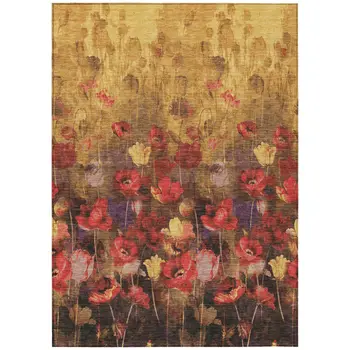 5' X 8' Gold Red And Brown Floral Washable Indoor Outdoor Area Rug