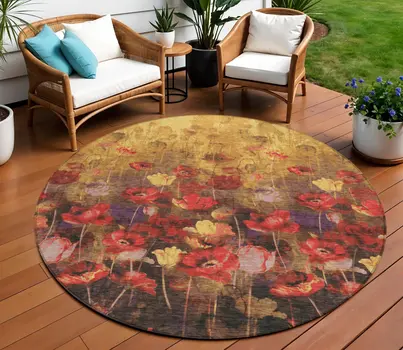 8' Gold Red And Brown Round Floral Washable Indoor Outdoor Area Rug