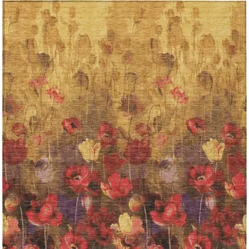 10' X 14' Gold Red And Brown Floral Washable Indoor Outdoor Area Rug