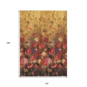10' X 14' Gold Red And Brown Floral Washable Indoor Outdoor Area Rug