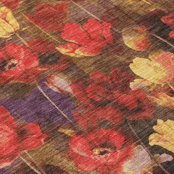 10' X 14' Gold Red And Brown Floral Washable Indoor Outdoor Area Rug