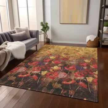 10' X 14' Gold Red And Brown Floral Washable Indoor Outdoor Area Rug