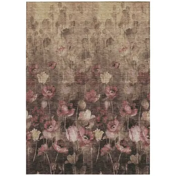 3' X 5' Taupe Brown And Pink Floral Washable Indoor Outdoor Area Rug