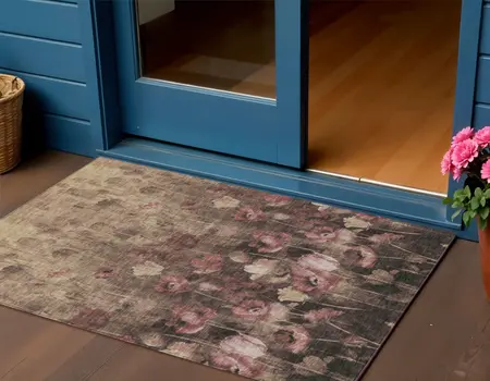 3' X 5' Taupe Brown And Pink Floral Washable Indoor Outdoor Area Rug