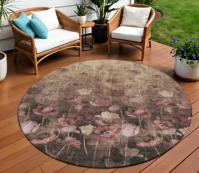 8' Taupe Brown And Pink Round Floral Washable Indoor Outdoor Area Rug