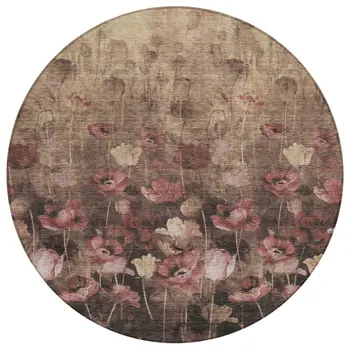 8' Taupe Brown And Pink Round Floral Washable Indoor Outdoor Area Rug