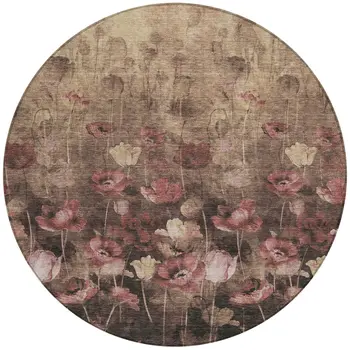8' Taupe Brown And Pink Round Floral Washable Indoor Outdoor Area Rug