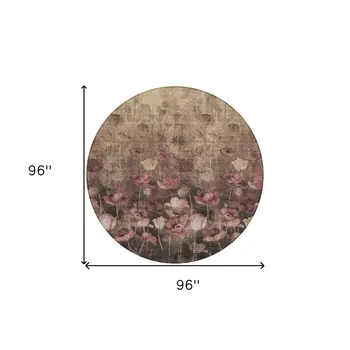 8' Taupe Brown And Pink Round Floral Washable Indoor Outdoor Area Rug