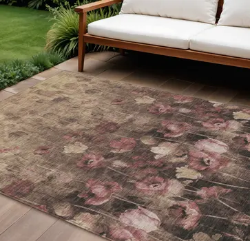 8' X 10' Taupe Brown And Pink Floral Washable Indoor Outdoor Area Rug