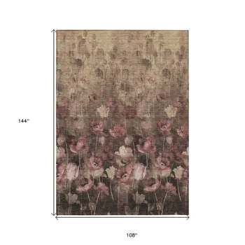 9' X 12' Taupe Brown And Pink Floral Washable Indoor Outdoor Area Rug