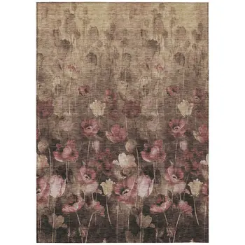 9' X 12' Taupe Brown And Pink Floral Washable Indoor Outdoor Area Rug